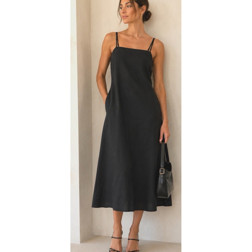 Club Monaco Linen A-Line Midi Dress Size 4 Sleeveless Black Sleeveless NWT $229